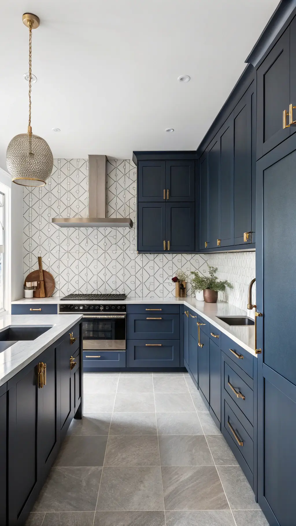 Minimalist navy blue kitchen with bronze handles, black counters and geometric tile backsplash at dawn; featuring a single aged brass pendant.