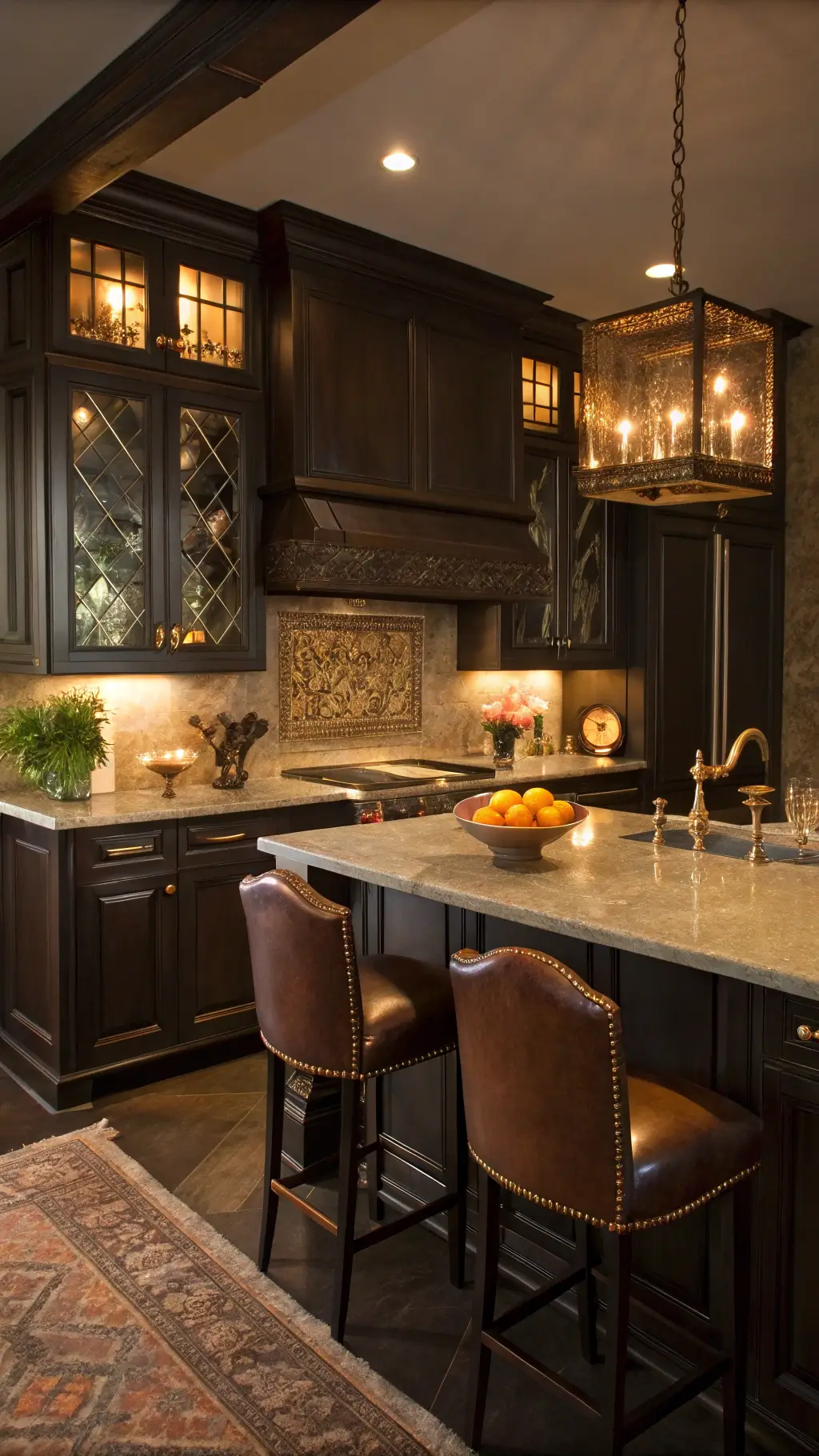 Cozy evening kitchen scene with dark chocolate cabinets, antique mirror backsplash, leather counter stools with copper accents, and stone fruit bowl on island, under dim sconce light