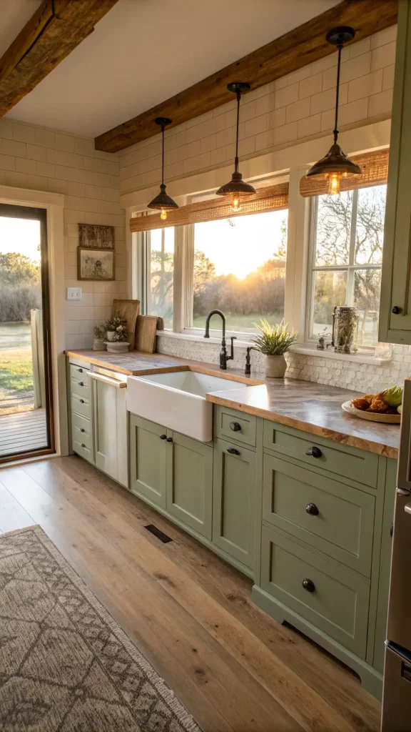 "Sunny country kitchen with sage green cabinets, white farmhouse sink, marble countertops, butcher block island with vintage copper pendants, and oak flooring."