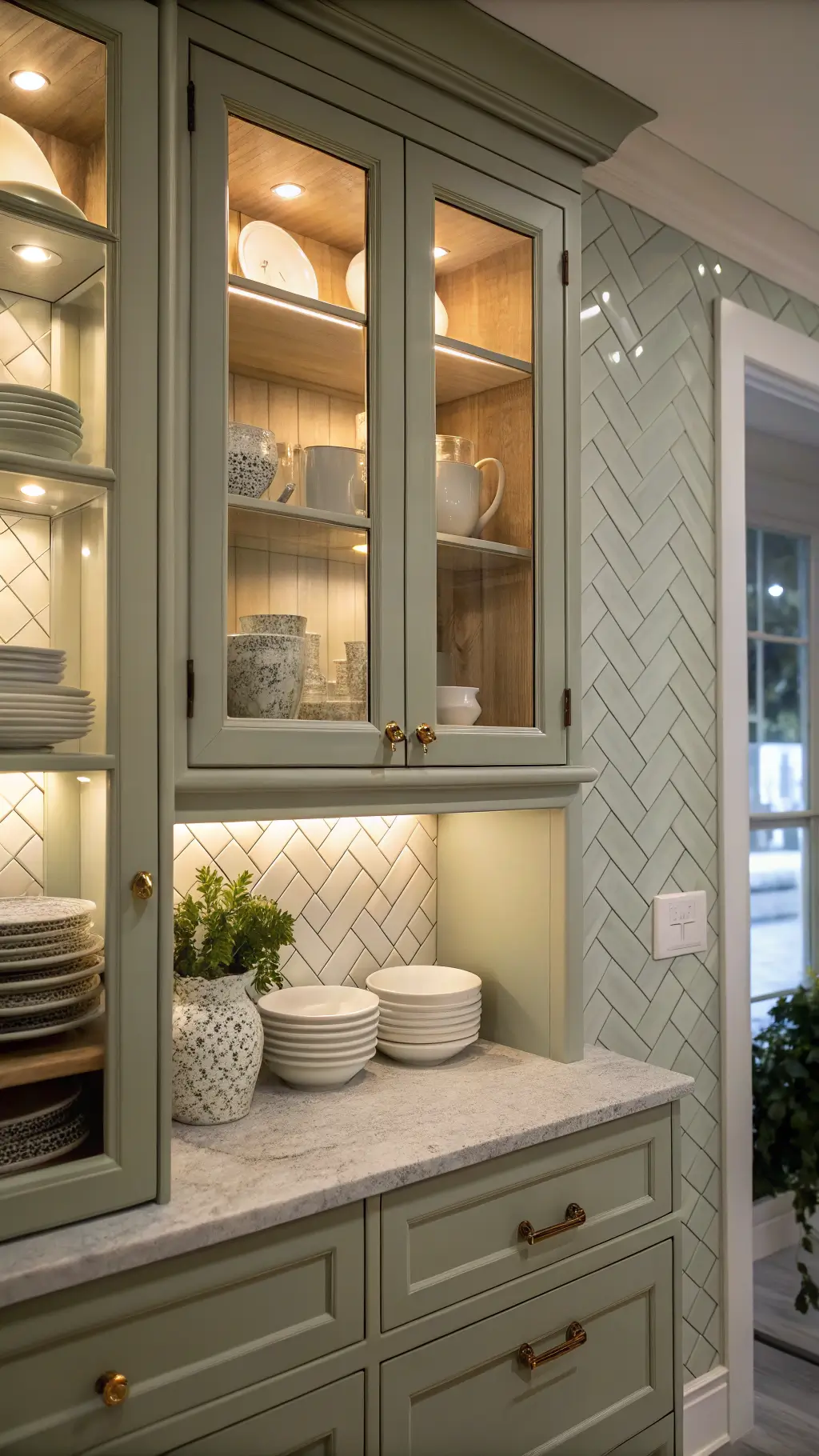 Sage green kitchen corner with cream ironstone collection in illuminated glass-front cabinet, ceramic tile backsplash, and soft under-cabinet lighting at dawn