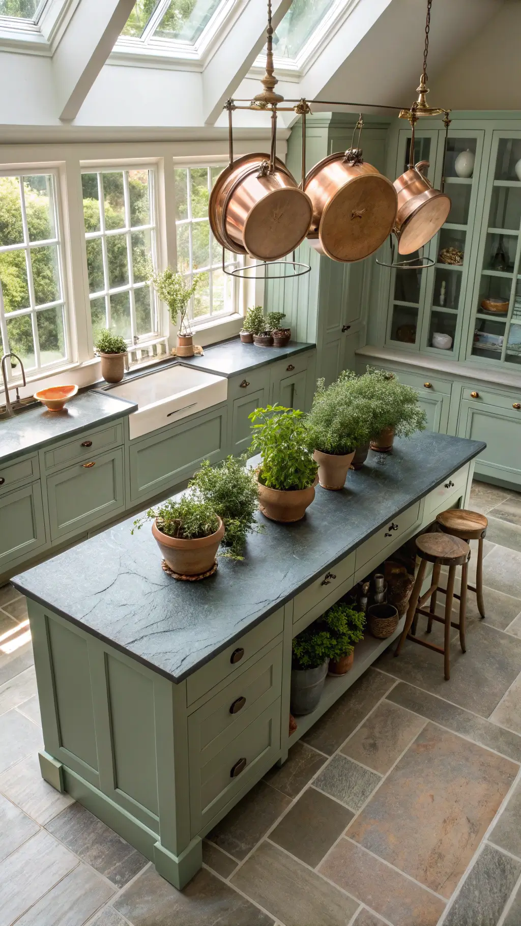 Overhead shot of a 6'x8' kitchen island with a soapstone top in a sage green kitchen, featuring vintage copper pots, fresh herbs in planters by the window under natural skylight illumination.