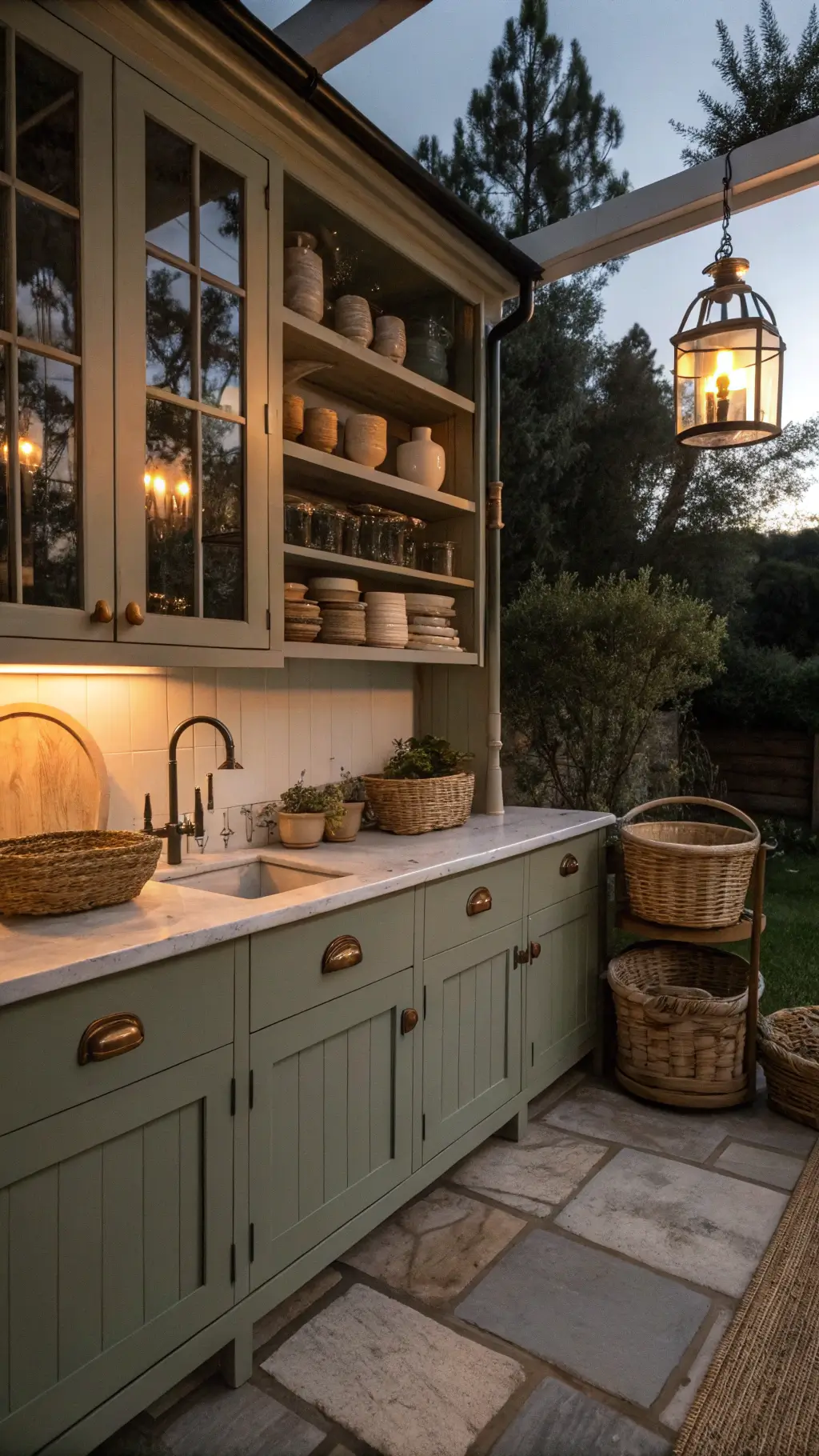 Eye level view of a moody kitchen workspace at dusk, featuring sage lower cabinets, cream upper cabinets, vintage-style sconce lighting and open shelving filled with artisanal pottery and woven baskets