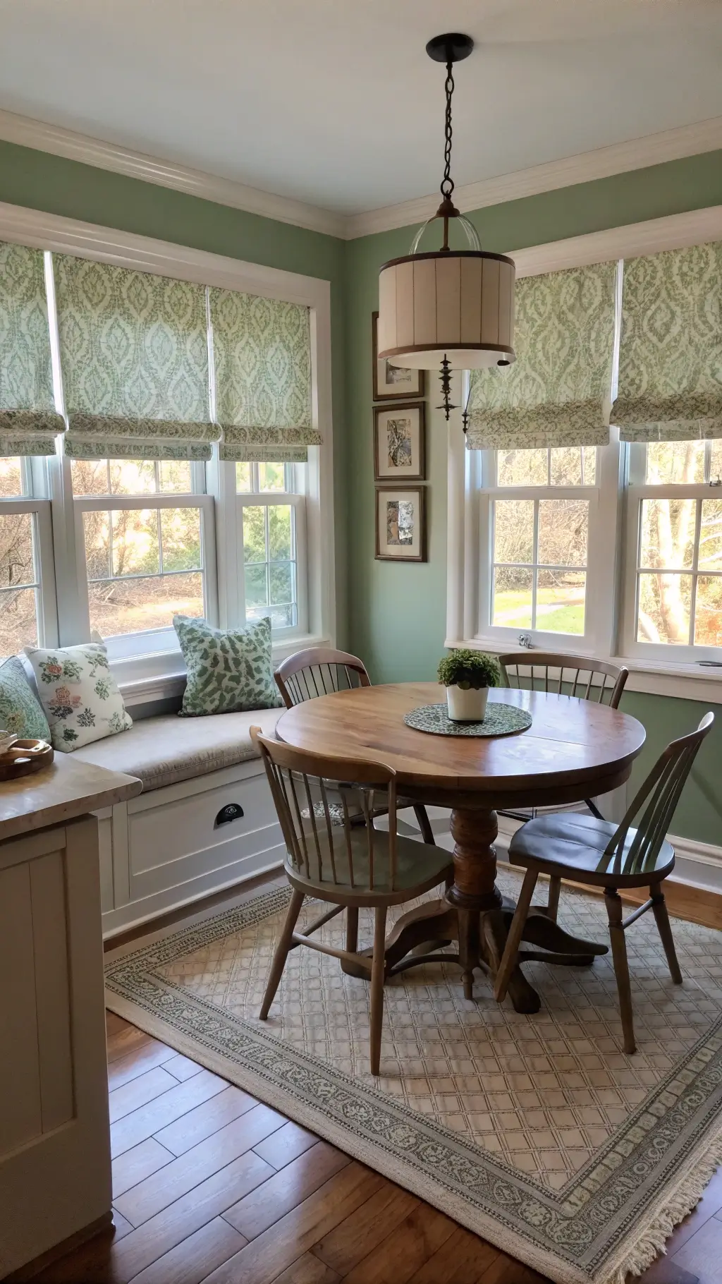 Morning sun shining through roman shades on breakfast nook with round oak table, Windsor chairs, and vintage runner next to sage green kitchen, photographed from child's view