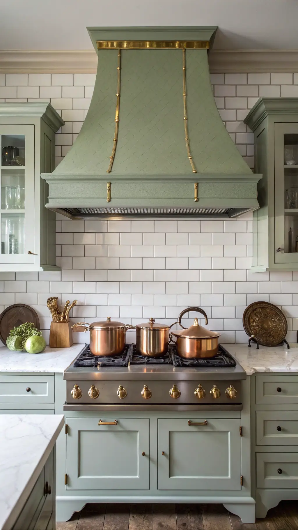 Custom range alcove with sage green hood, brass strapping, white subway tiles, and copper cookware in a sunlit kitchen