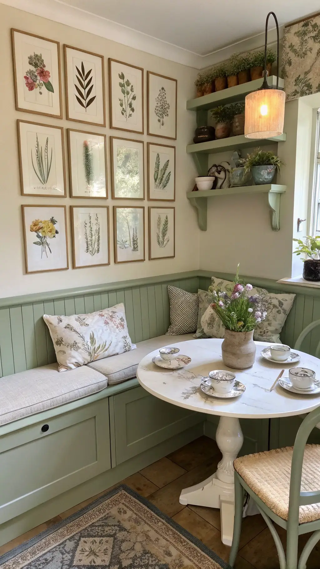 Sage green kitchen corner banquette with linen cushions during afternoon tea, vintage botanical prints on wall and distressed white table with antique tea service