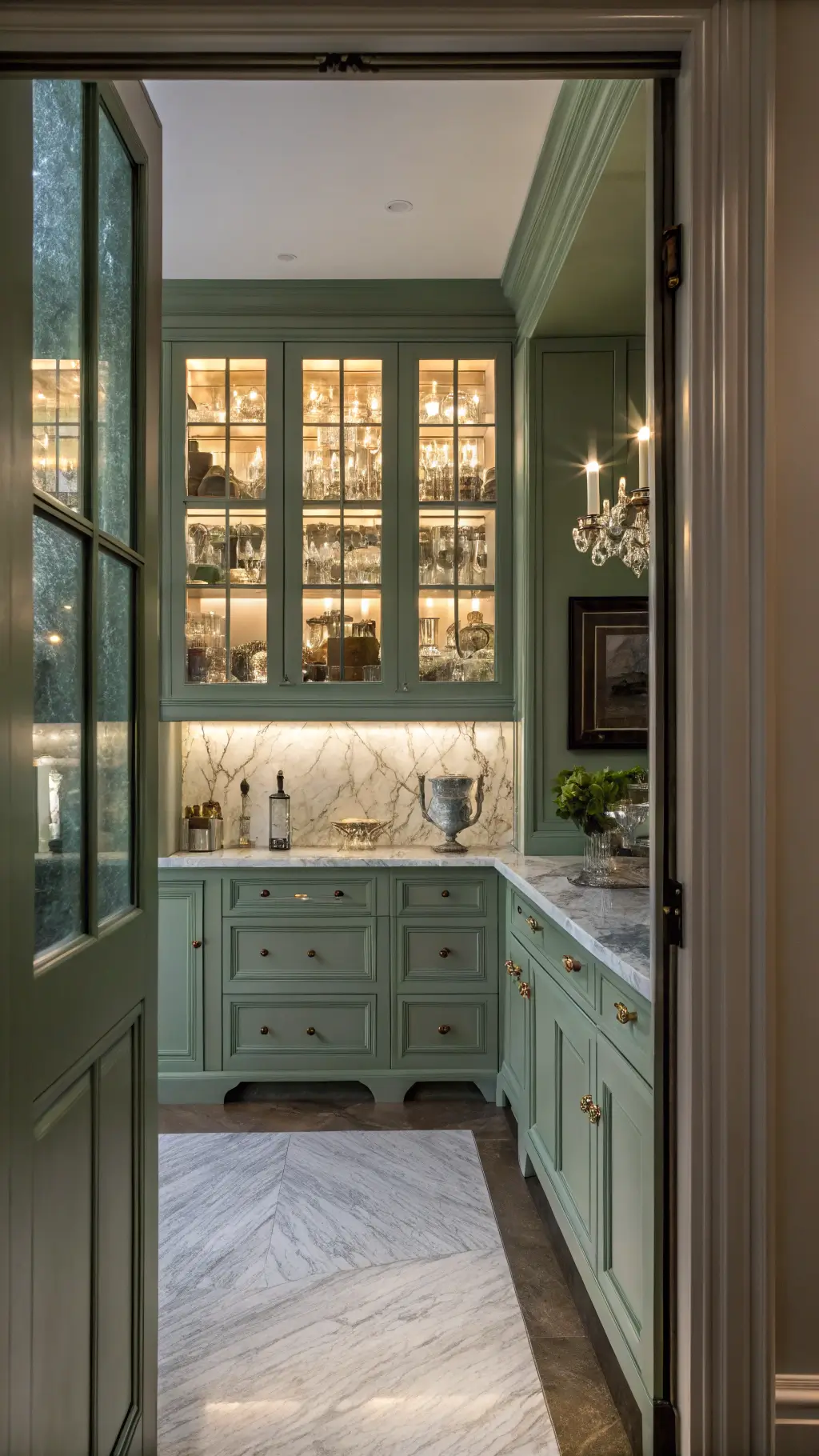 Butler's pantry at twilight with sage green illuminated cabinets, marble countertop and displayed crystal and silver collection