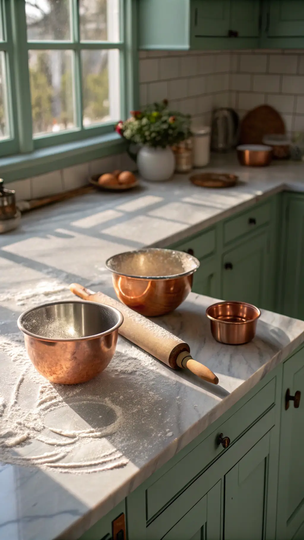 Early morning baking scene on a flour-dusted marble countertop with copper mixing bowls and wooden rolling pin, sage green cabinets in the background and window light creating long shadows