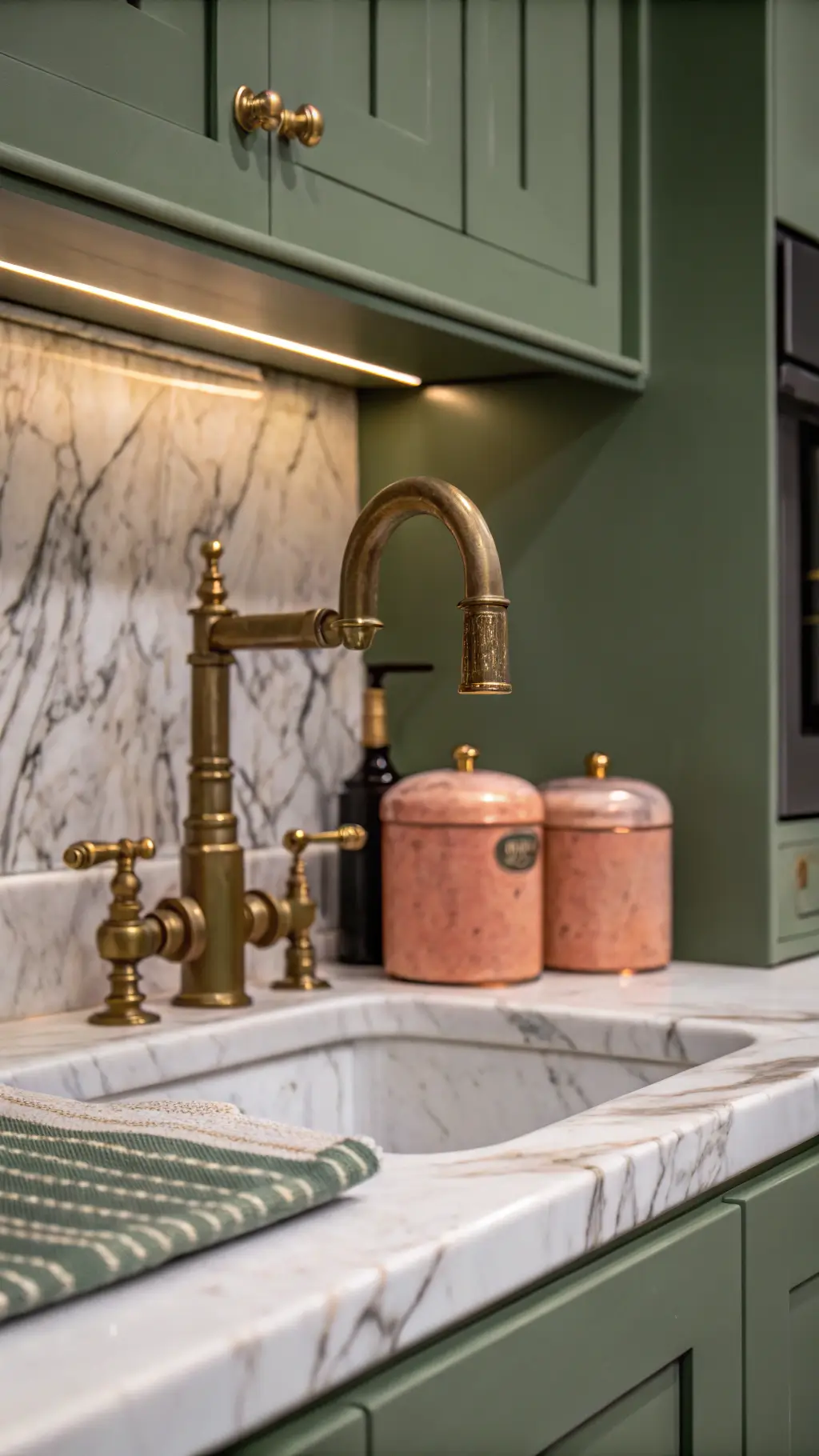 Evening view of a kitchen showing details of mixed metals, an aged brass faucet against a sage green wall, copper pots under warm lighting, and marble backsplash shot through a Marco lens at f/2