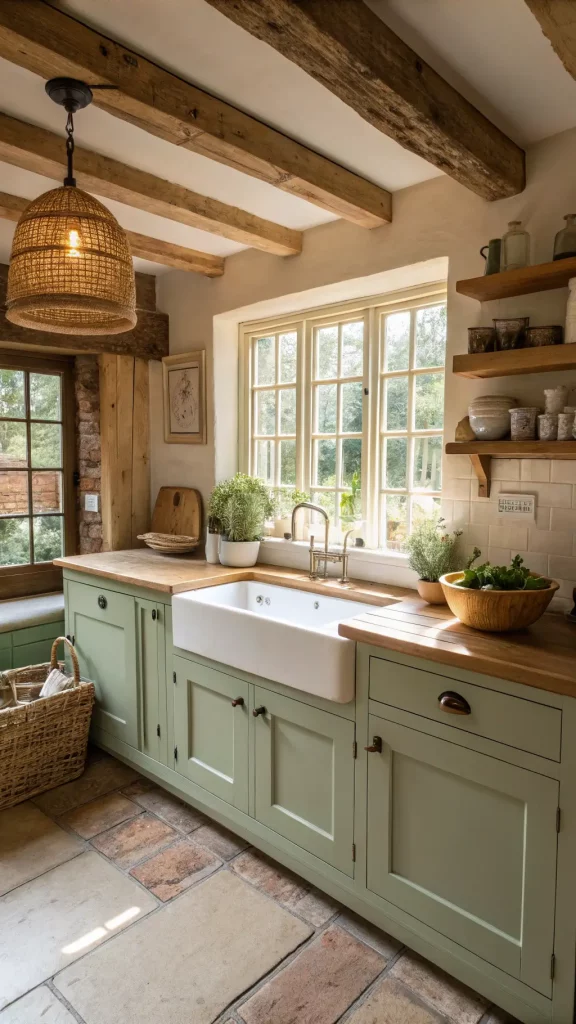 "Sunlit cottage kitchen with wooden beams, butcher block island, sage-green cabinets, and open shelving, illuminated by morning light through mullioned windows"