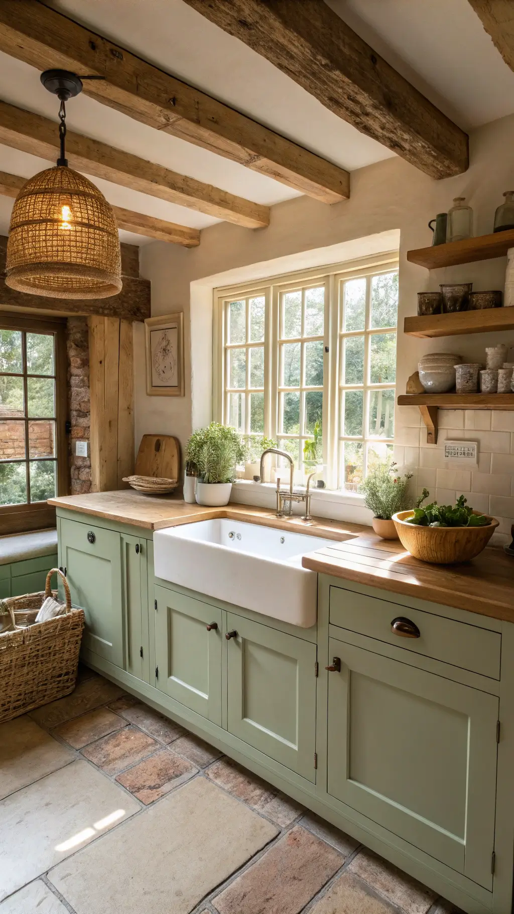 Sunlit cottage kitchen with wooden beams, butcher block island, sage-green cabinets, and open shelving, illuminated by morning light through mullioned windows