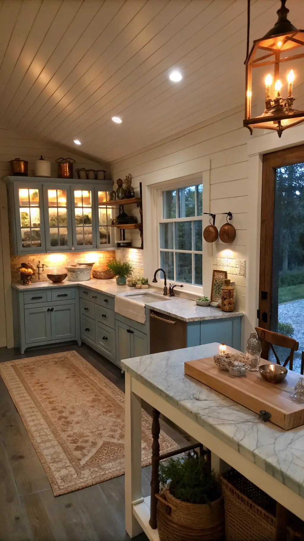 Warmly lit intimate kitchen scene with shiplap ceiling, blue glass-front cabinets, marble countertops, vintage wooden farm table island, and hanging copper pots, viewed from a wide-angle shot in the doorway.