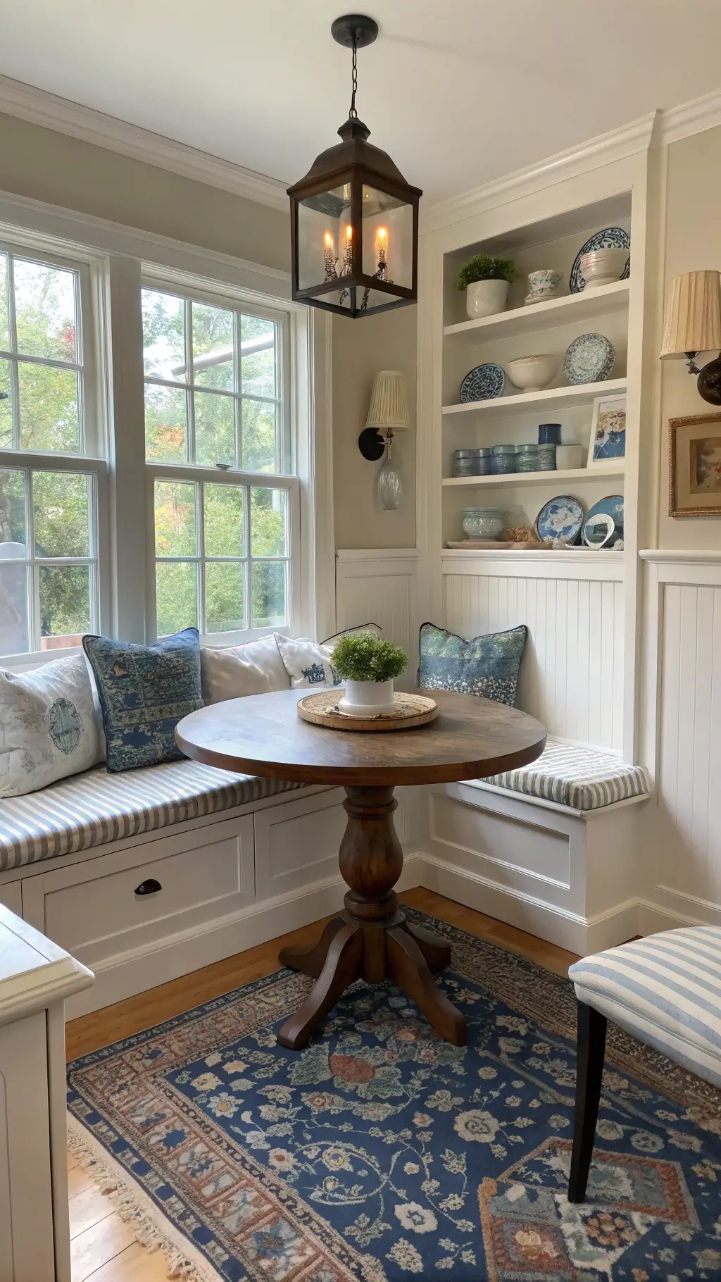 Cozy corner breakfast nook with bay window, striped cushions on bench seating, antique round table on vintage rug, and blue-and-white pottery on open shelves, bathed in diffused afternoon light.