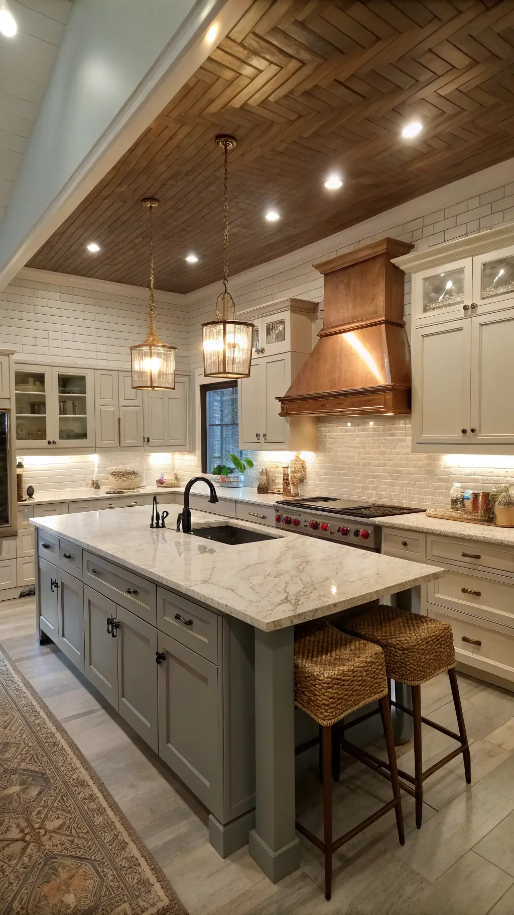 Aerial view of a 14x16ft working kitchen with dove grey cabinets, marble-topped island with rattan stools, cream subway tile backsplash under task lighting, and a professional range with copper hood, framed by pull-out pantry storage.