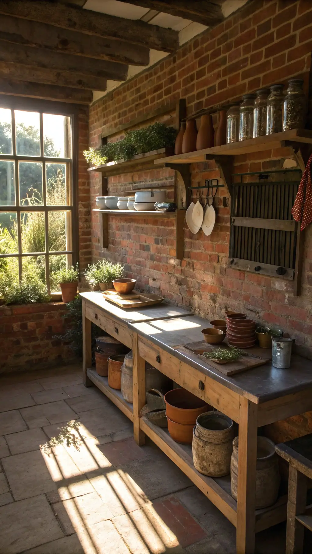 Rustic kitchen prep area featuring exposed brick wall, zinc-topped worktable, reclaimed wood shelves with earthenware and jars, vintage scale, breadboards, and an overhead herb drying rack, bathed in the long shadows of late afternoon sun through a garden window.