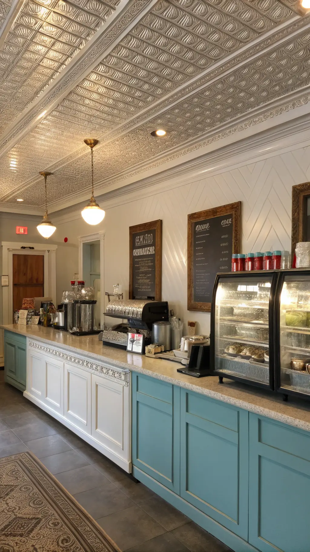 Morning light reflecting off vintage coffee percolators in a tin-ceilinged breakfast service area with contrasting white and robin's egg blue cabinets, all illuminated by a milk glass pendant light.