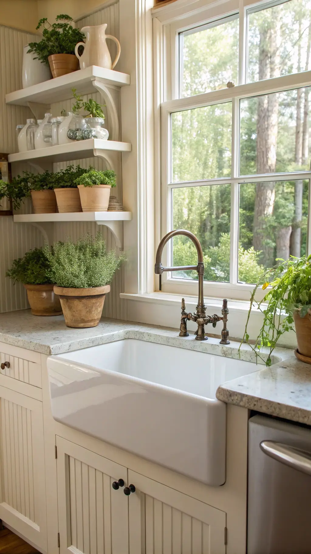 Corner detail of spacious farmhouse sink with bridge faucet, ironstone pitchers on open shelves, cream beadboard backsplash and potted herbs on windowsill, illuminated by midday light.