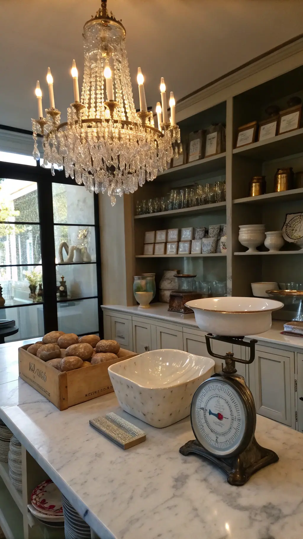 Baking station with marble pastry counter, antique bread box, vintage scale, and pottery mixing bowls, illuminated by chandelier with crystal prisms casting light on the scene.