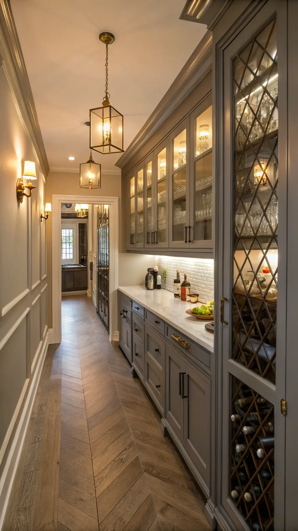 Elegant butler's pantry passage with grey painted cabinets, illuminated by library sconces, featuring heirloom china, wine storage rack and coffee service station.