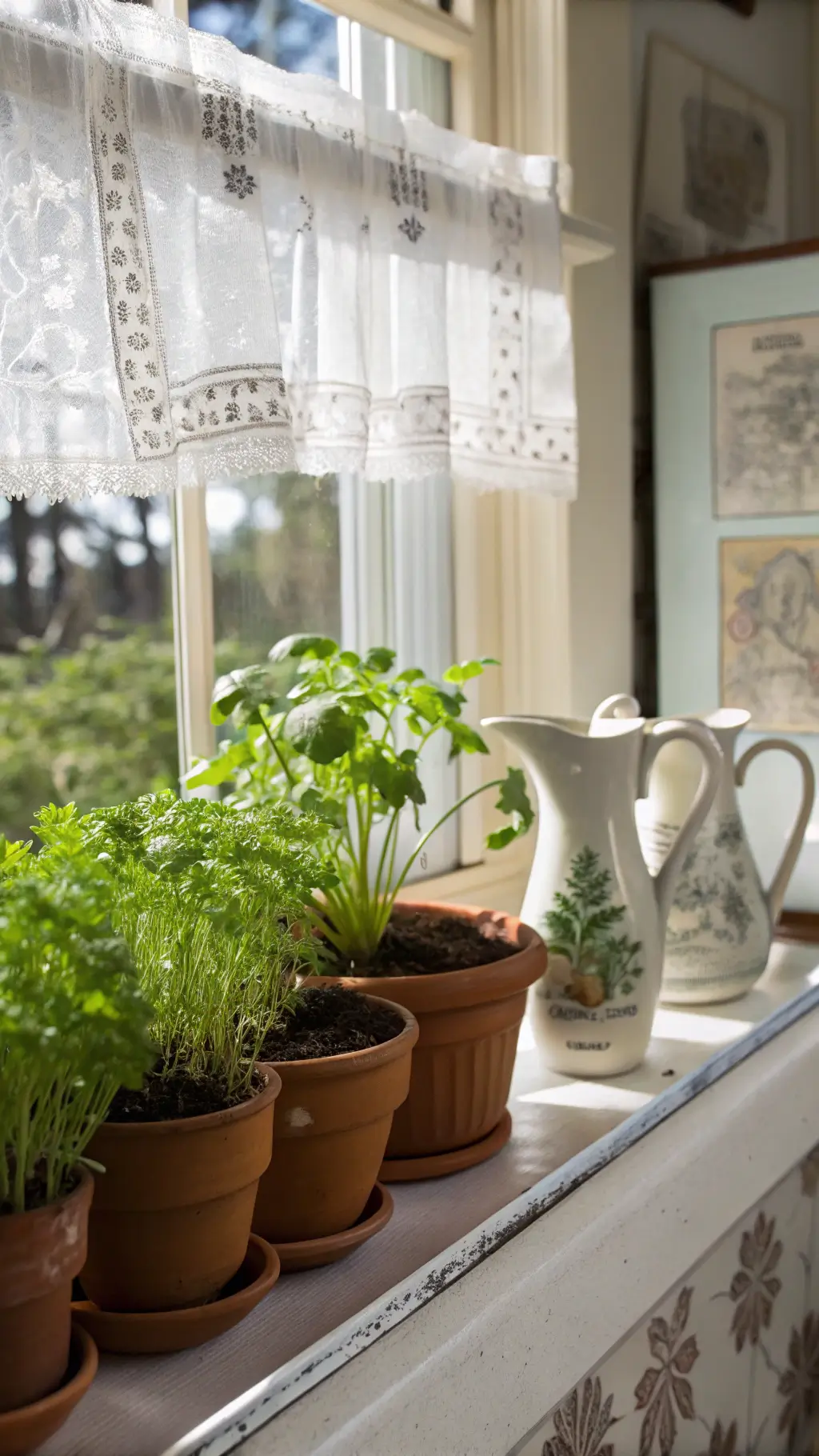 Herbs in terra cotta pots on kitchen garden window with vintage pitchers, botanical prints and lace curtains, beautifully dew-kissed under bright morning light