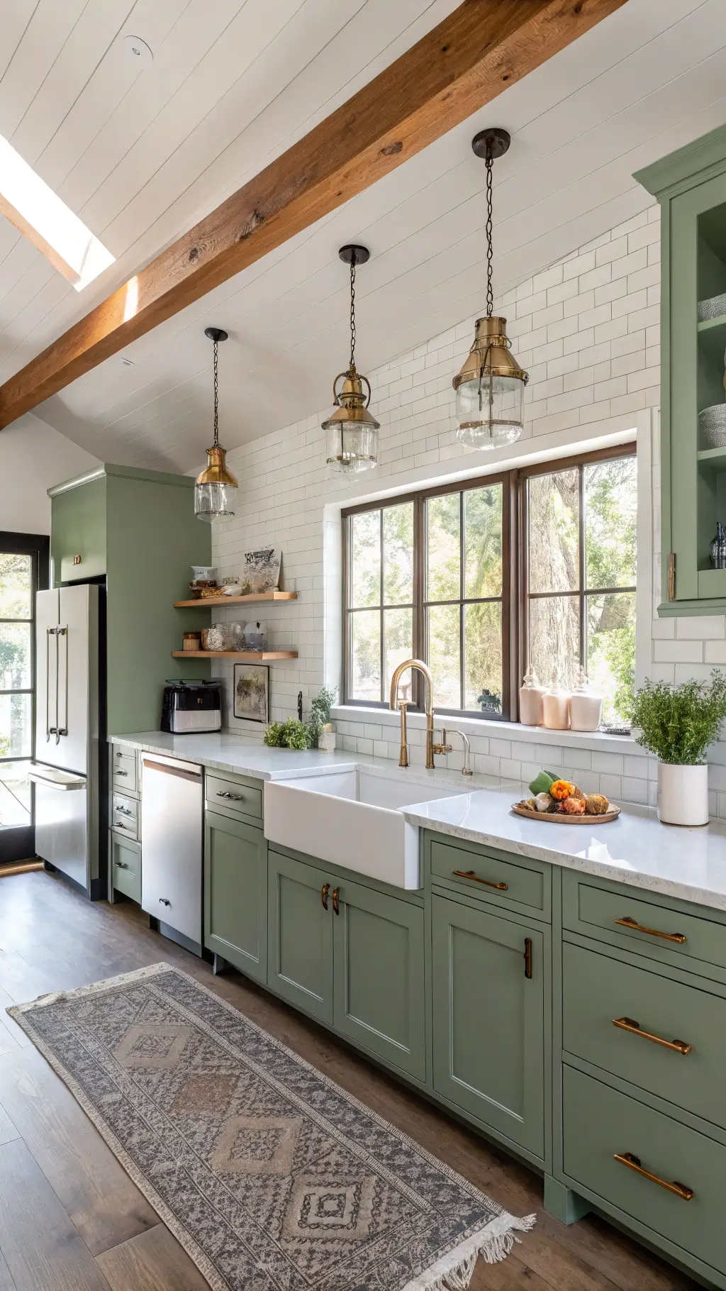 Sunny kitchen with sage green cabinets, white quartz countertops, vintage Smeg fridge, farmhouse sink, brass hardware, modern pendant light, mid-century ceramic canisters, and hanging copper cookware against an exposed brick wall.