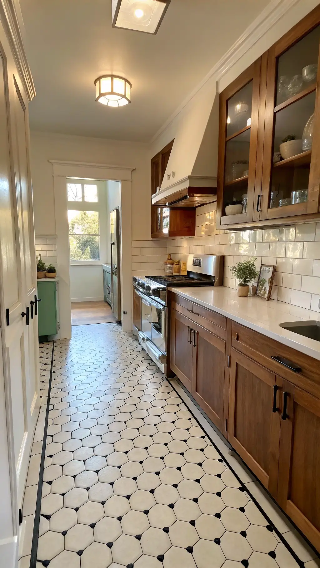 1920s galley kitchen featuring modern walnut cabinets, vintage Chambers stove, and jadeite dishware on open shelving, illuminated by golden hour light.