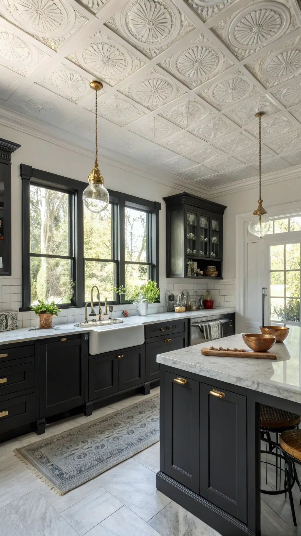 Eat-in kitchen with modern black cabinets, vintage sink, brass light fixtures, waterfall marble island, steel-framed windows casting morning light, and retro pastel kitchenware on open shelving