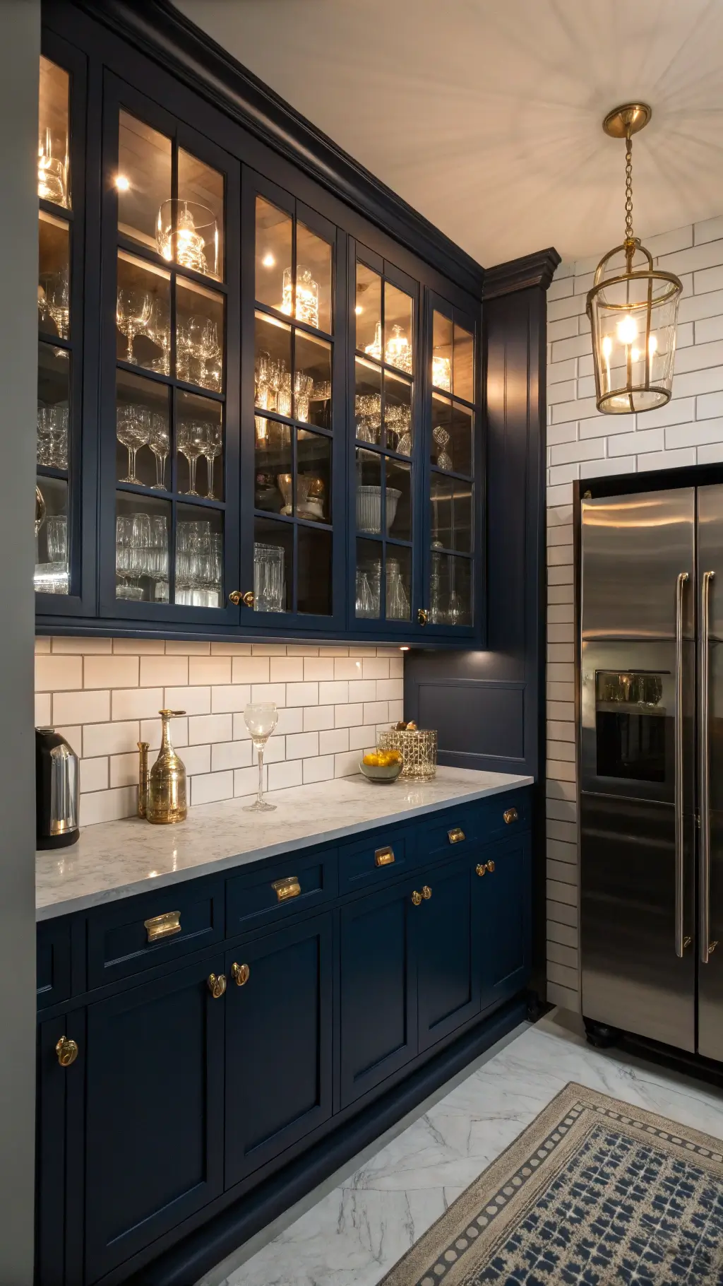 Butler's pantry at dusk with navy blue cabinets, modern stemware, vintage crystal, white subway tile with dark grout, antiqued brass lights, and modern wine fridge under restored Victorian corbels