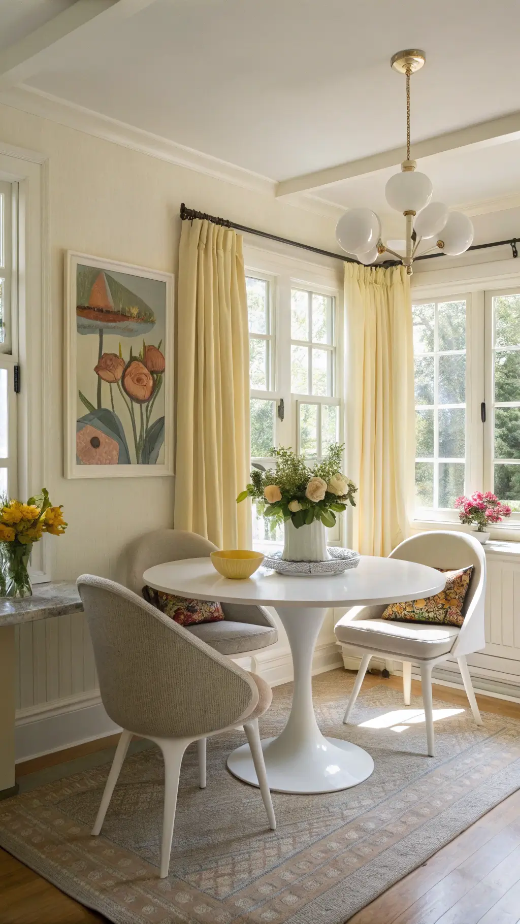 1930s cream-colored breakfast nook with modern Saarinen table, vintage Windsor chairs, Art Deco wall sconces, contemporary abstract canvas, and mid-century pottery, lit by morning light through yellow linen cafe curtains.