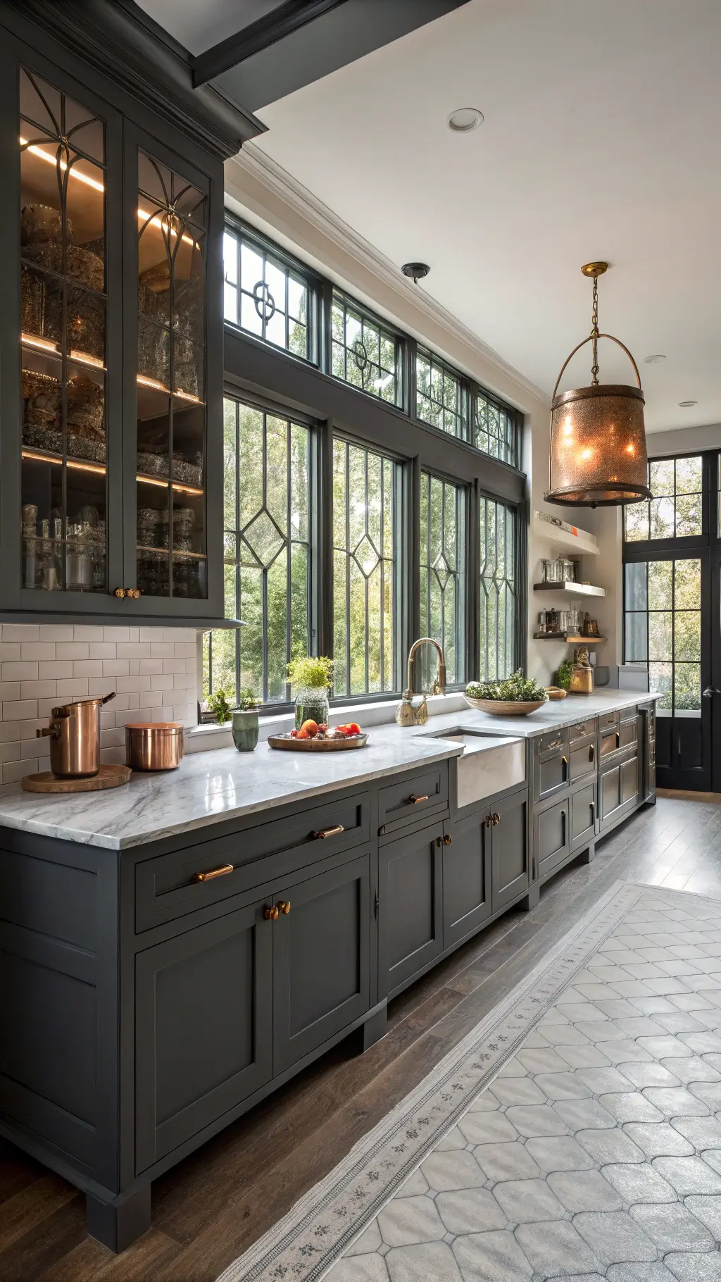 Modern kitchen with floor-to-ceiling matte charcoal cabinets, vintage workbench island with marble top, 1920s leaded glass windows, and antique copper pots on open shelving, illuminated by the late afternoon sun.