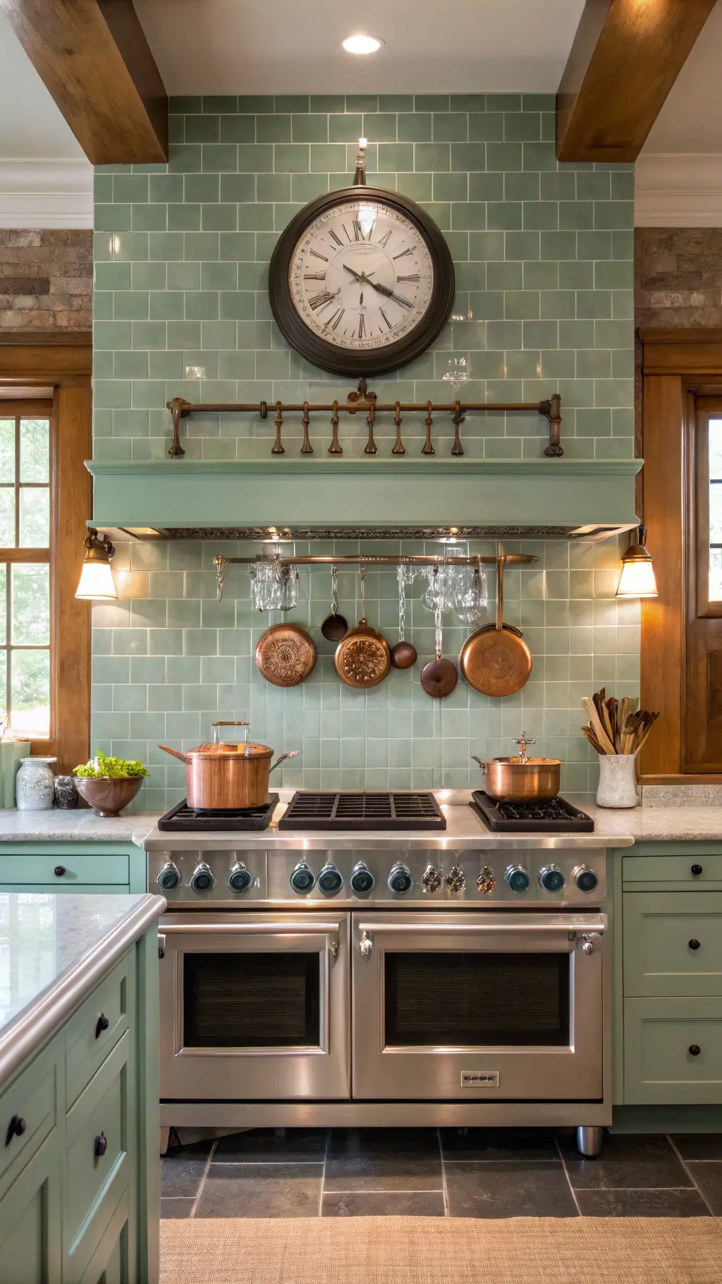 Professional Viking range in a 12x14ft kitchen with sea glass green ceramic tiles, vintage clock, modern sconces, and hanging copper pots on an iron rack, illuminated by natural and warm artificial lighting.