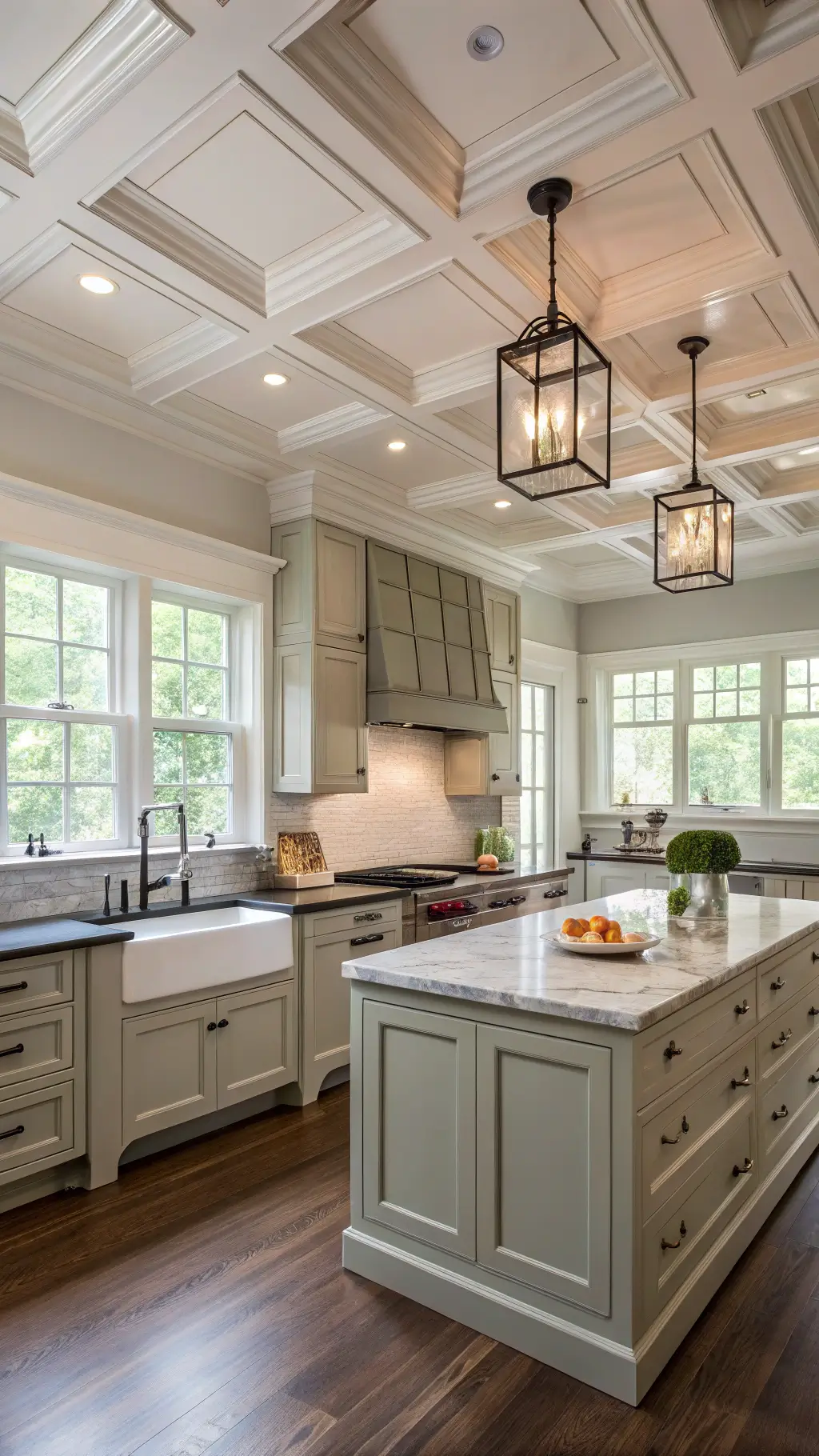 Vintage modern kitchen with coffered ceilings, grey cabinets, soapstone counters, antique range, and a waterfall island with schoolhouse pendants, illuminated by morning light through mullioned windows.