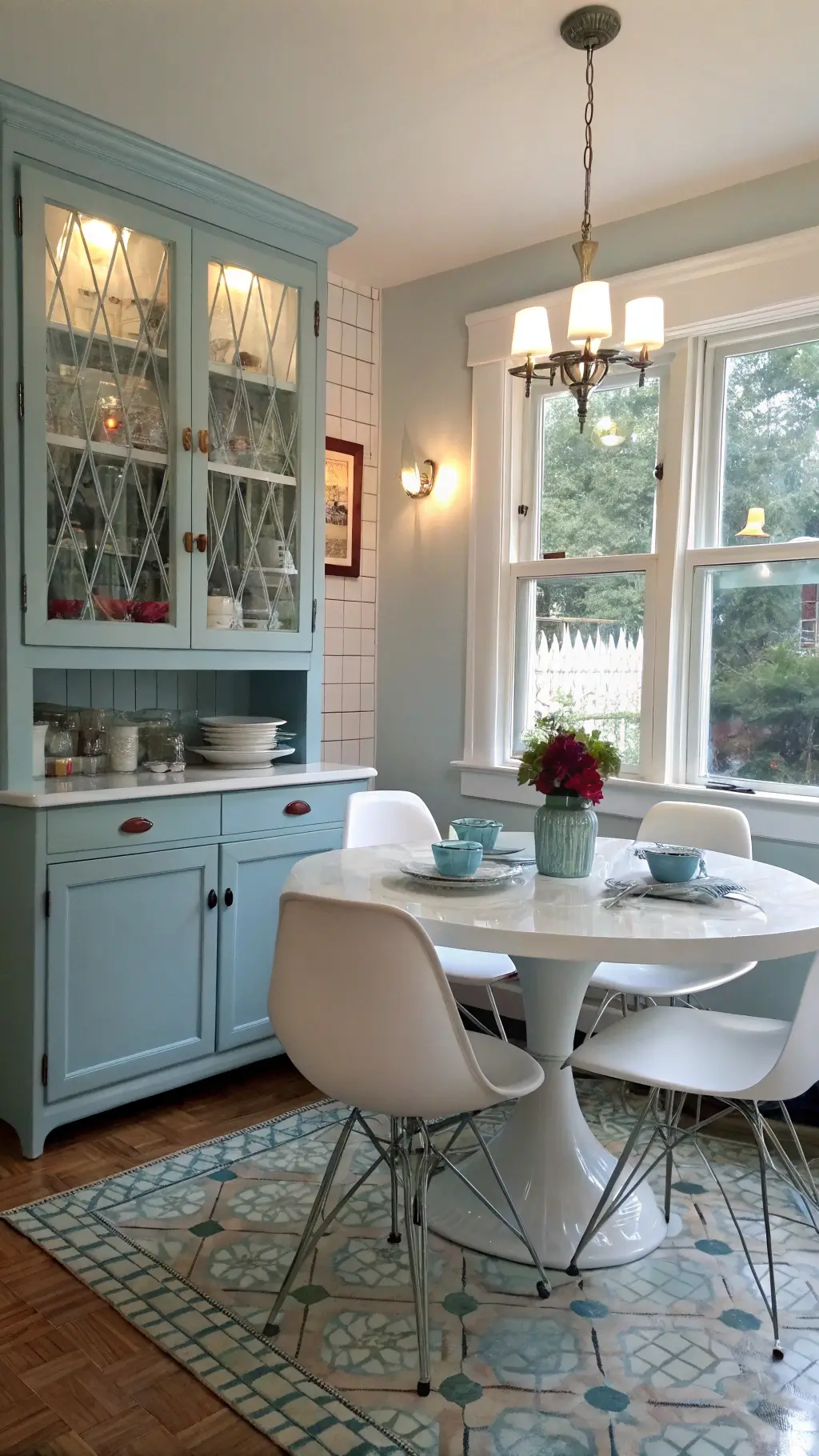 Modern and vintage styled 10x12ft breakfast area with contemporary ghost chairs, authentic 1940s enamel-top table, pale blue corner cabinet displaying servingware, Art Deco wall sconces, and sunlit leaded glass windows