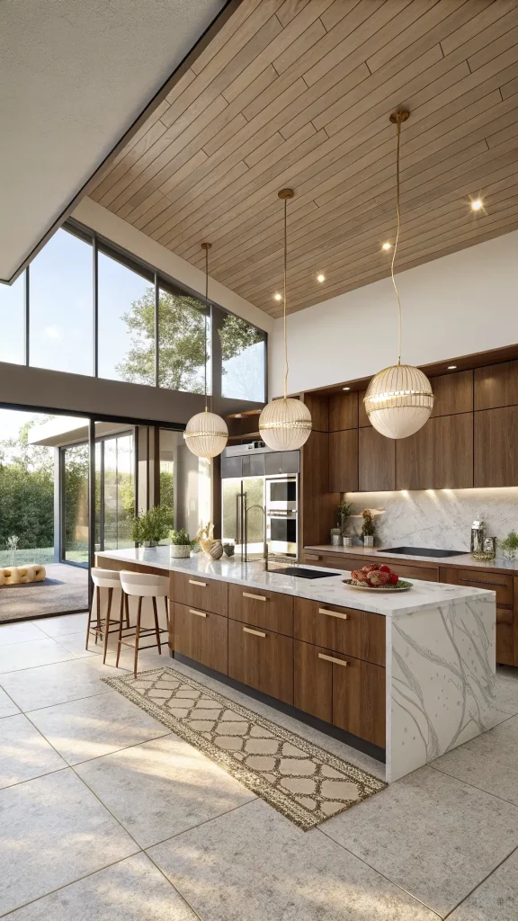 "Modern mid-century kitchen with walnut cabinets, brass hardware, stainless steel smart appliances, globe pendant lights hovering over a quartzite island, bathed in morning light through floor-to-ceiling windows, all captured at eye level from the entrance in 8K resolution."