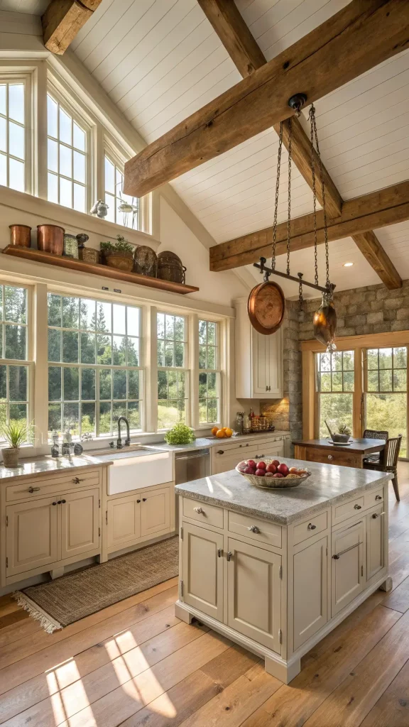 "Sunlit country kitchen with exposed cedar beams, cream cabinetry, farmhouse sink, granite countertops, copper pots hanging above a butcher block island, warm oak floors, and a cozy breakfast nook with whitewashed brick walls, with a cooling pie on the windowsill."
