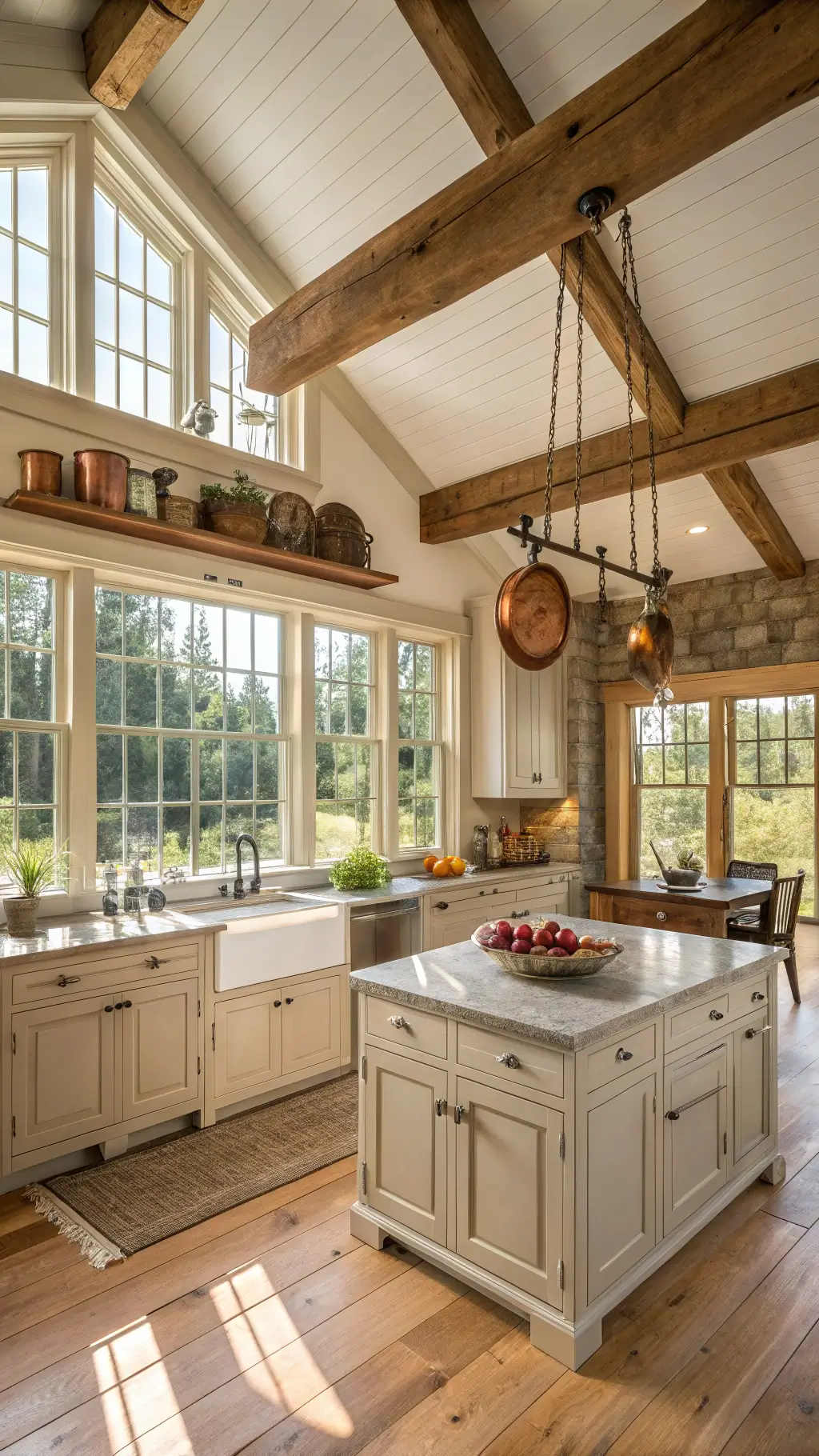 Sunlit country kitchen with exposed cedar beams, cream cabinetry, farmhouse sink, granite countertops, copper pots hanging above a butcher block island, warm oak floors, and a cozy breakfast nook with whitewashed brick walls, with a cooling pie on the windowsill.