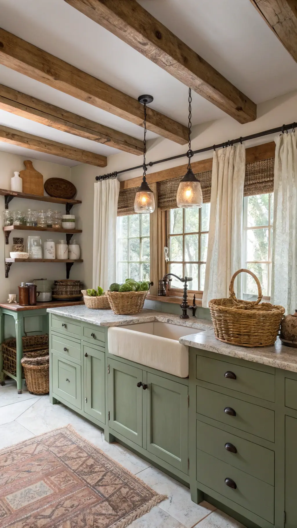 Cottage kitchen with sage green cabinets, marble countertops, vintage lights, and antique dresser-island, highlighting textures of woven baskets, ceramic crocks, and aged copper in morning light.