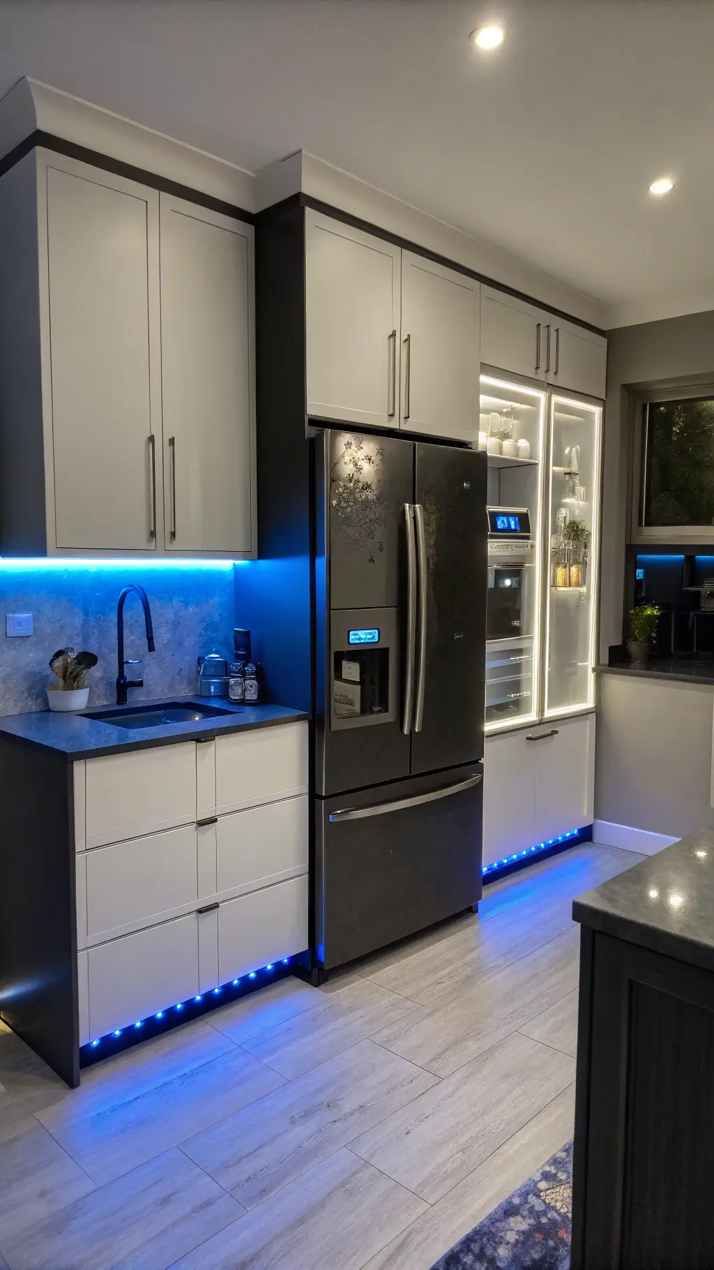 Evening view of a contemporary smart kitchen with LED-lit floating cabinets, a voice-activated matte black faucet against a backlit glass backsplash, and a smart fridge reflecting blue ambient light, shot from a high corner angle.