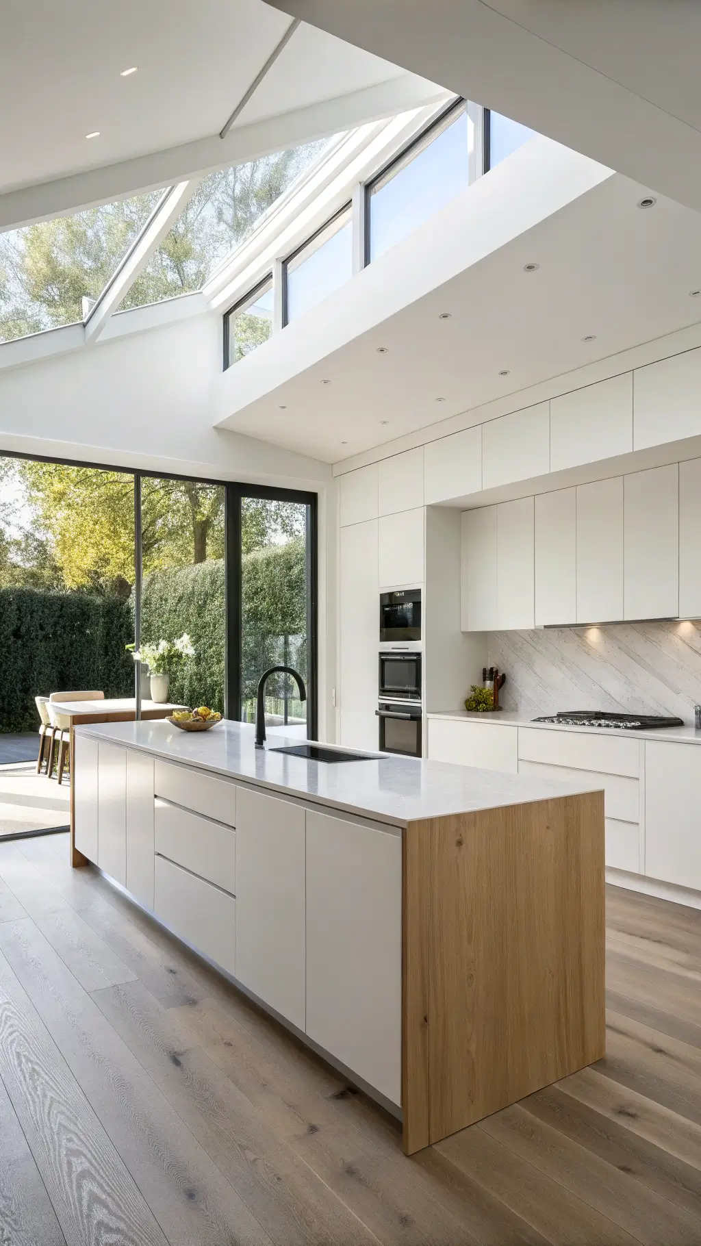 Bright, minimalist 16x14ft kitchen with 9ft ceilings, flush white cabinets, hidden appliances, pull-out bleached oak pantry, and a center island with pure white quartz waterfall edges, emphasizing clean lines and clutter-free surfaces.