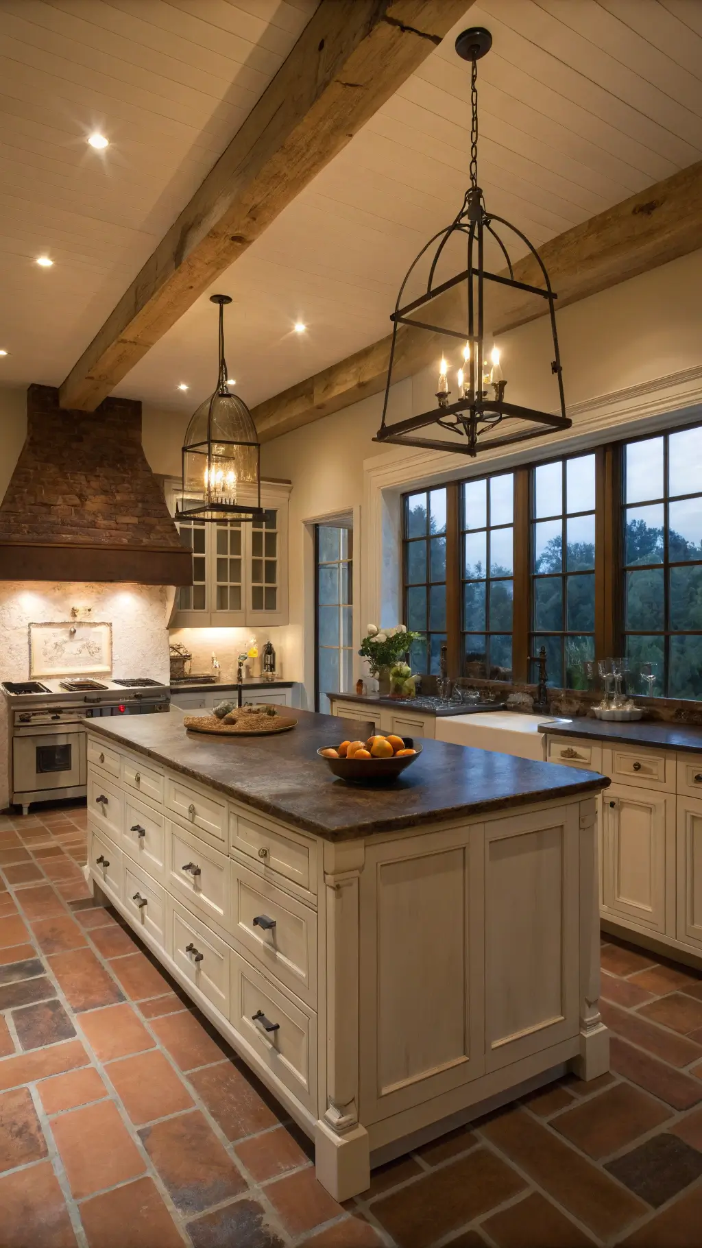 Dusk view of a spacious farmhouse kitchen with pendant lighting, oak island, cream cabinets, terracotta floor, and brick hearth with cast iron cookware.