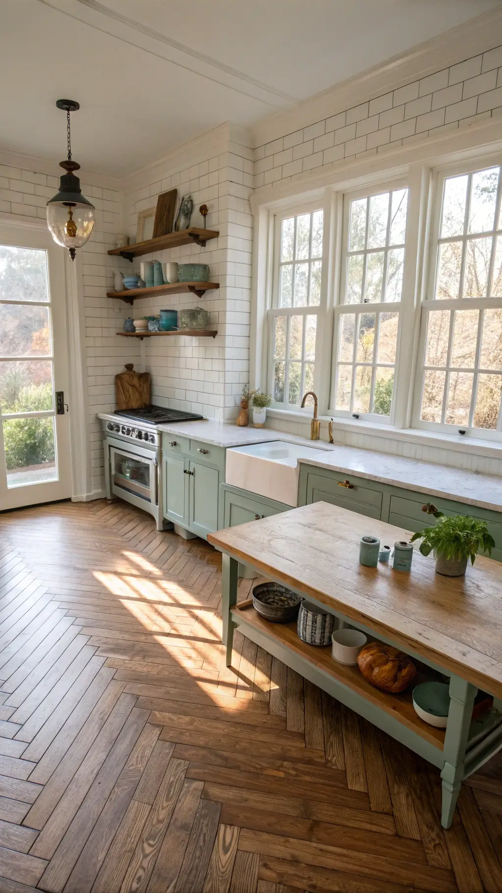 A country kitchen bathed in early morning light featuring herringbone hardwood floors, white subway tile backdrop, open shelving with blue and white pottery, a vintage enamel range flanked by sage cabinets, and a distressed farmhouse table with steaming coffee cups.