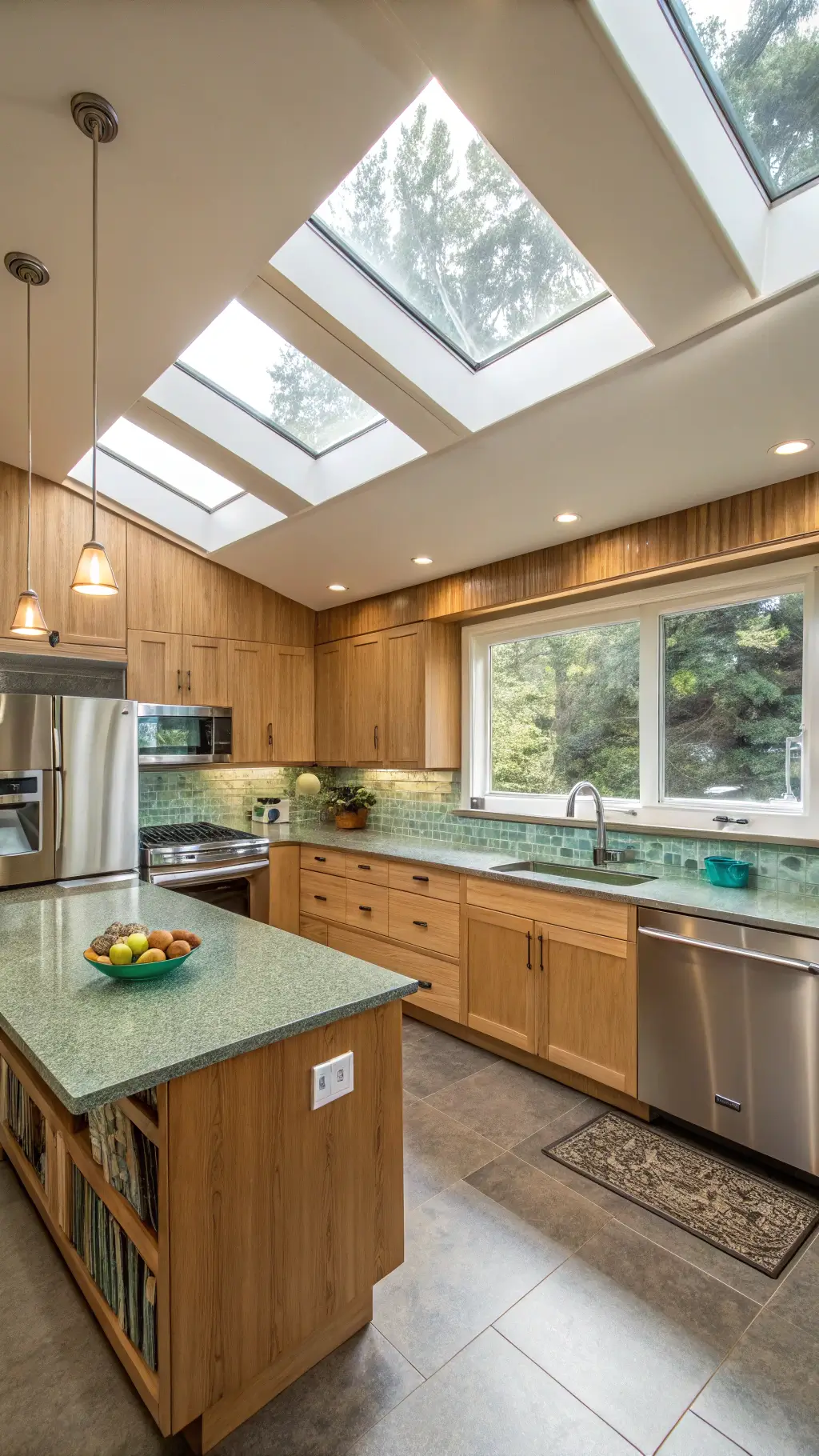 Sustainable eco-conscious kitchen with bamboo cabinetry, recycled glass countertops, energy-efficient appliances, and living wall, bathed in morning sunlight streaming through skylights, with a misty view through windows