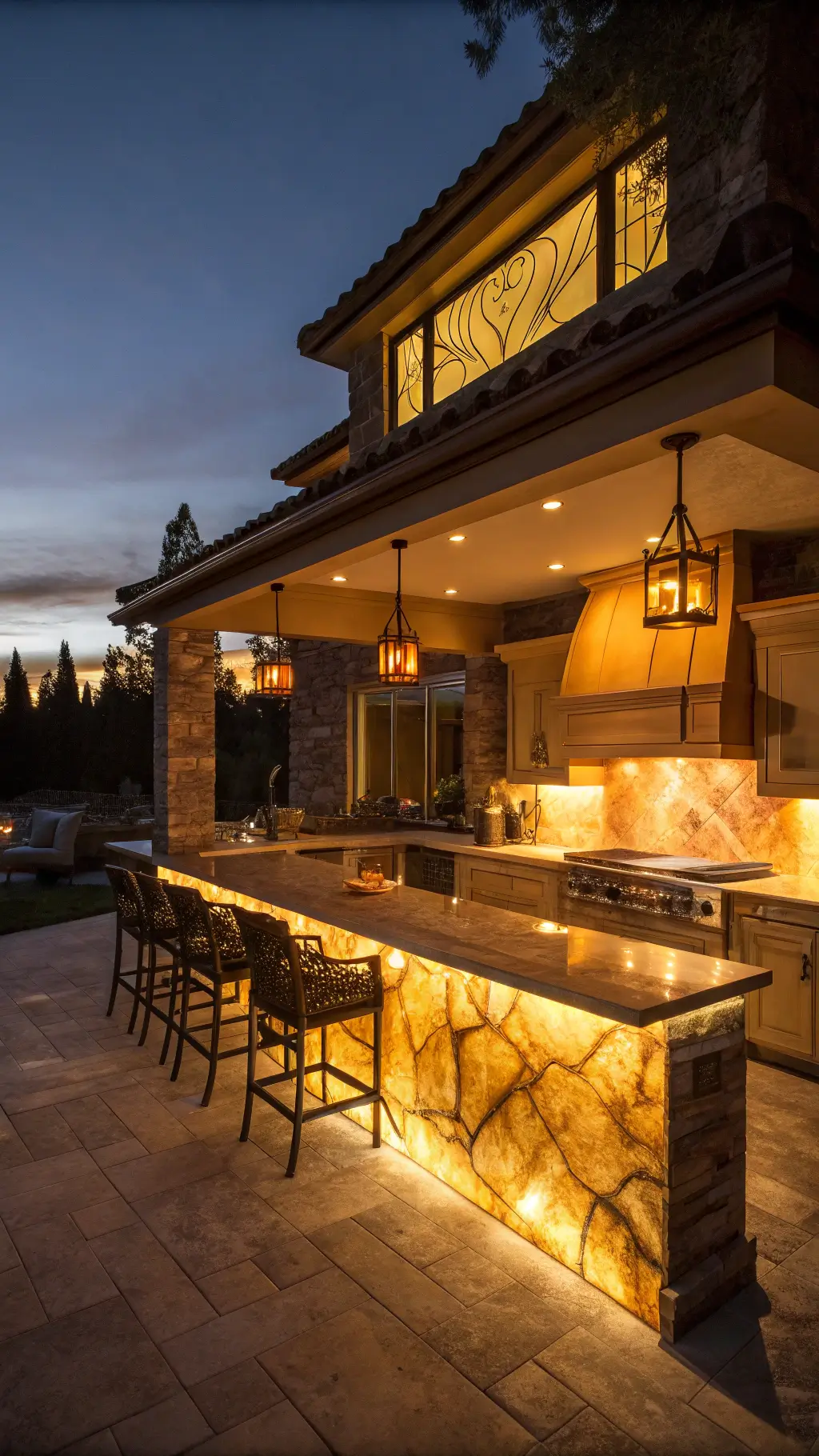 Dusk setting in large luxury kitchen with amber glowing onyx backsplash, three-tier lighting system, and depth-creating layered lighting