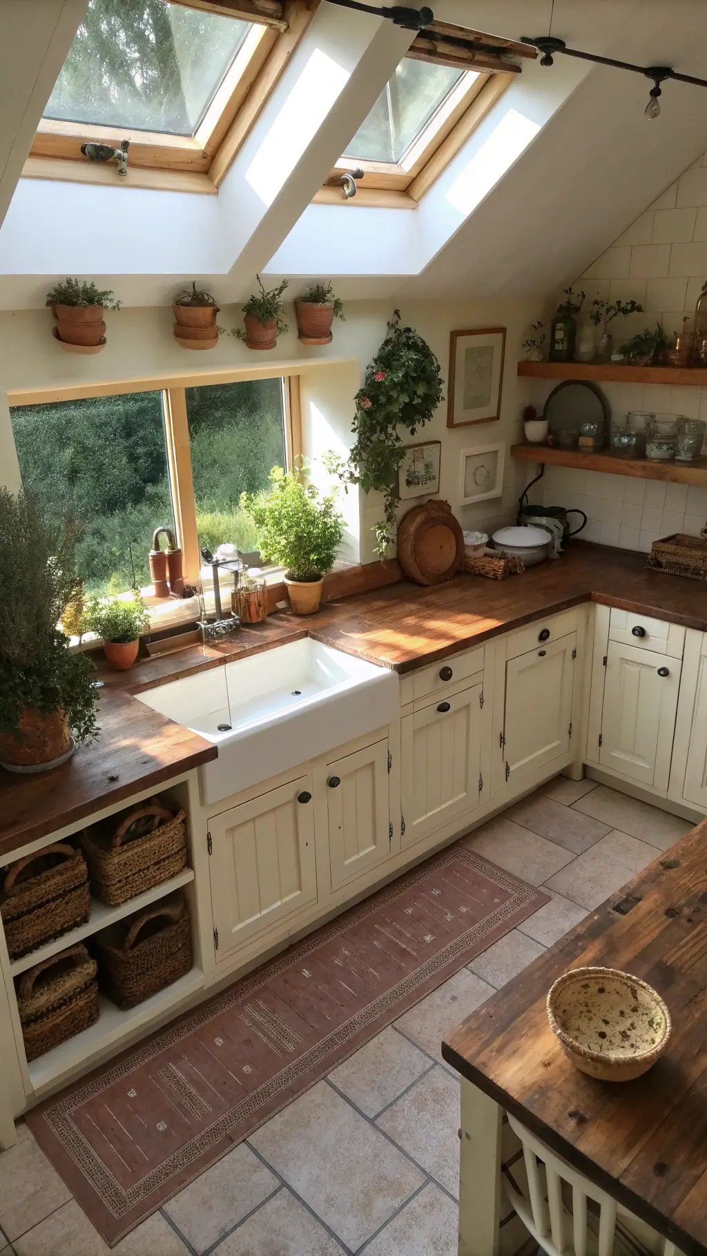 Rustic kitchen with butcher block countertops, cream cabinets, farmhouse sink under a herb-draped window, vintage crate shelving, lit by midday sunlight through skylights.