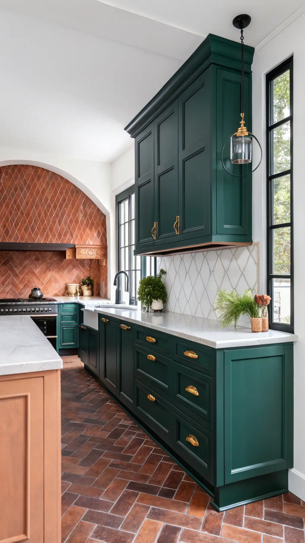 Emerald green kitchen cabinetry and navy blue island in a white-walled 16x18ft space, complemented by a terra cotta tile backsplash, brass accents, and matte black fixtures under natural and artificial lighting