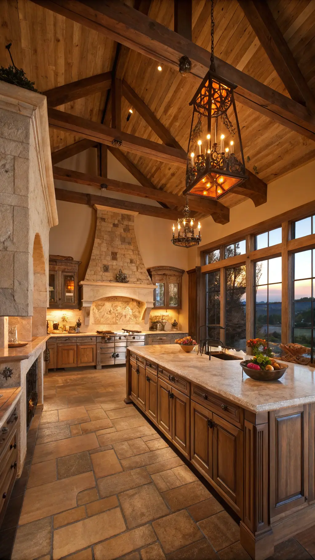 Grand 20x24ft country kitchen at sunset with pine beams, copper lanterns, massive limestone hood, antique hutches, reclaimed barnwood floors, and French doors, captured with dramatic backlighting