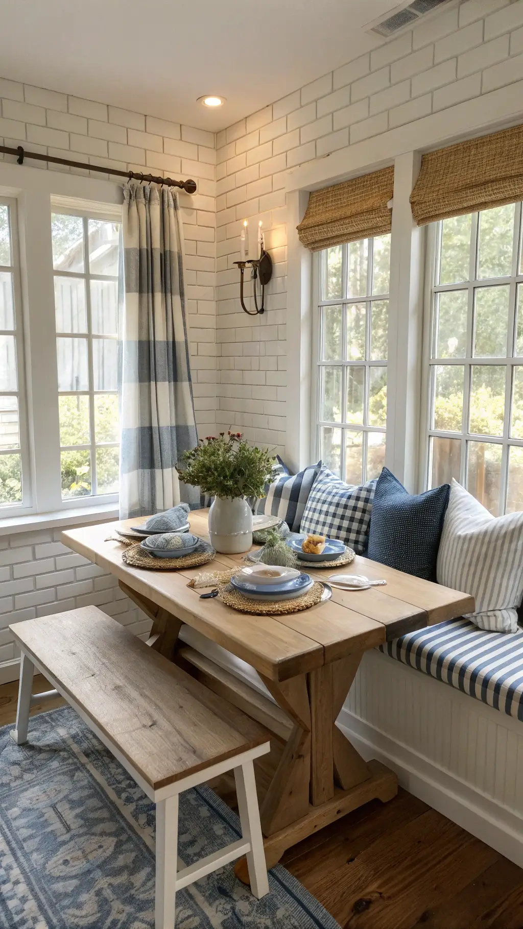 Cozy cottage kitchen nook illuminated by morning light, featuring a rustic pine table set with blue willow ware, built-in bench with striped cushions, gingham curtains, and white-painted brick walls