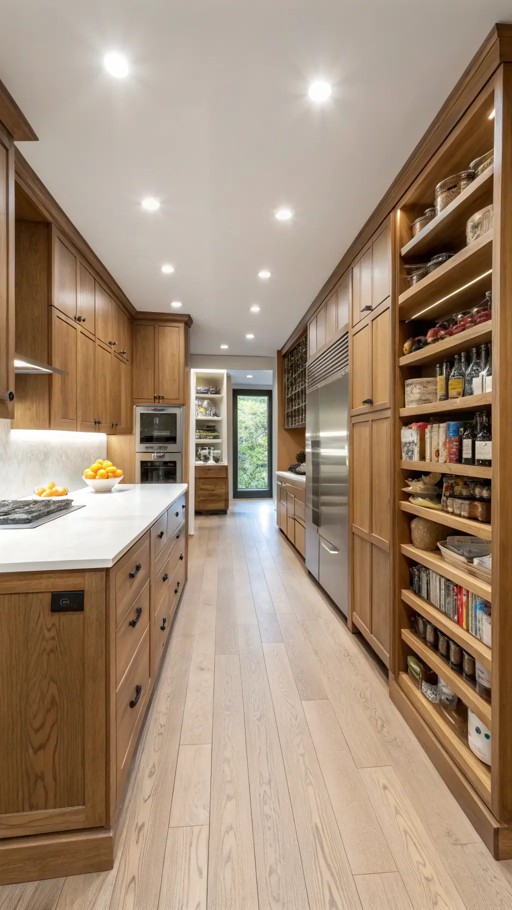 Bright, spacious kitchen with walk-in pantry, multifunctional island with charging stations and appliance storage, floor-to-ceiling oak storage systems, and hidden recycling center integrated into cabinetry.