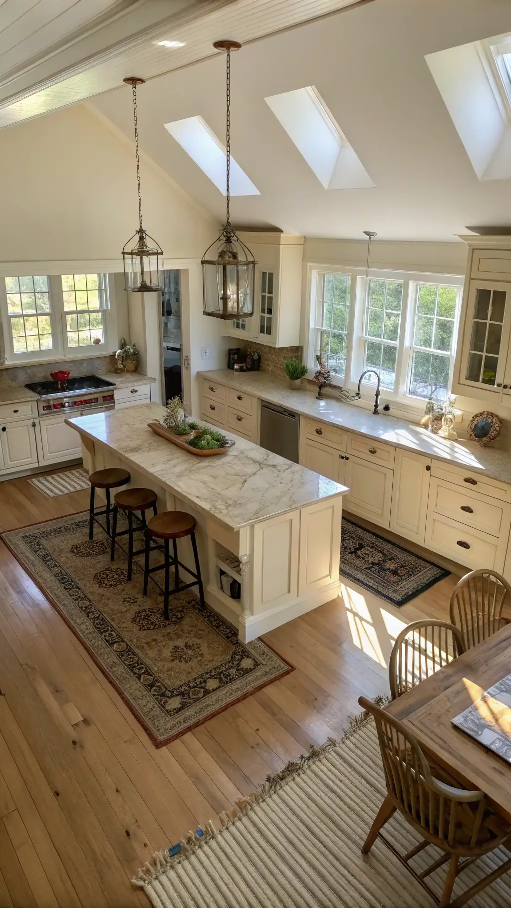 Bird's eye view of a traditional country kitchen with cream cabinets, marble counters, and a central island with zinc top, surrounded by Windsor chairs on pine floors with braided rugs. The room is bathed in bright, natural light from dormer windows.