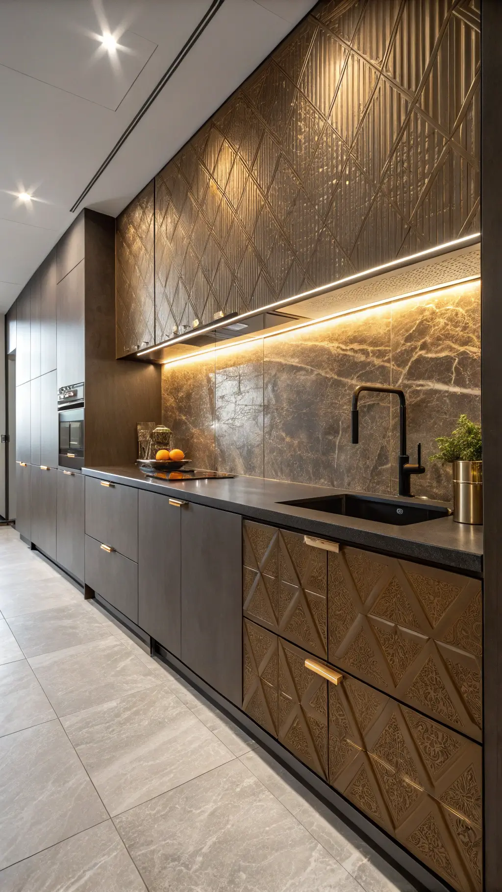 Large-format porcelain tiles on floor and wall in a kitchen with textured bronze wall panels, mixed metal finishes in brass and matte black hardware, quartzite countertops with dramatic veining under directional lighting.