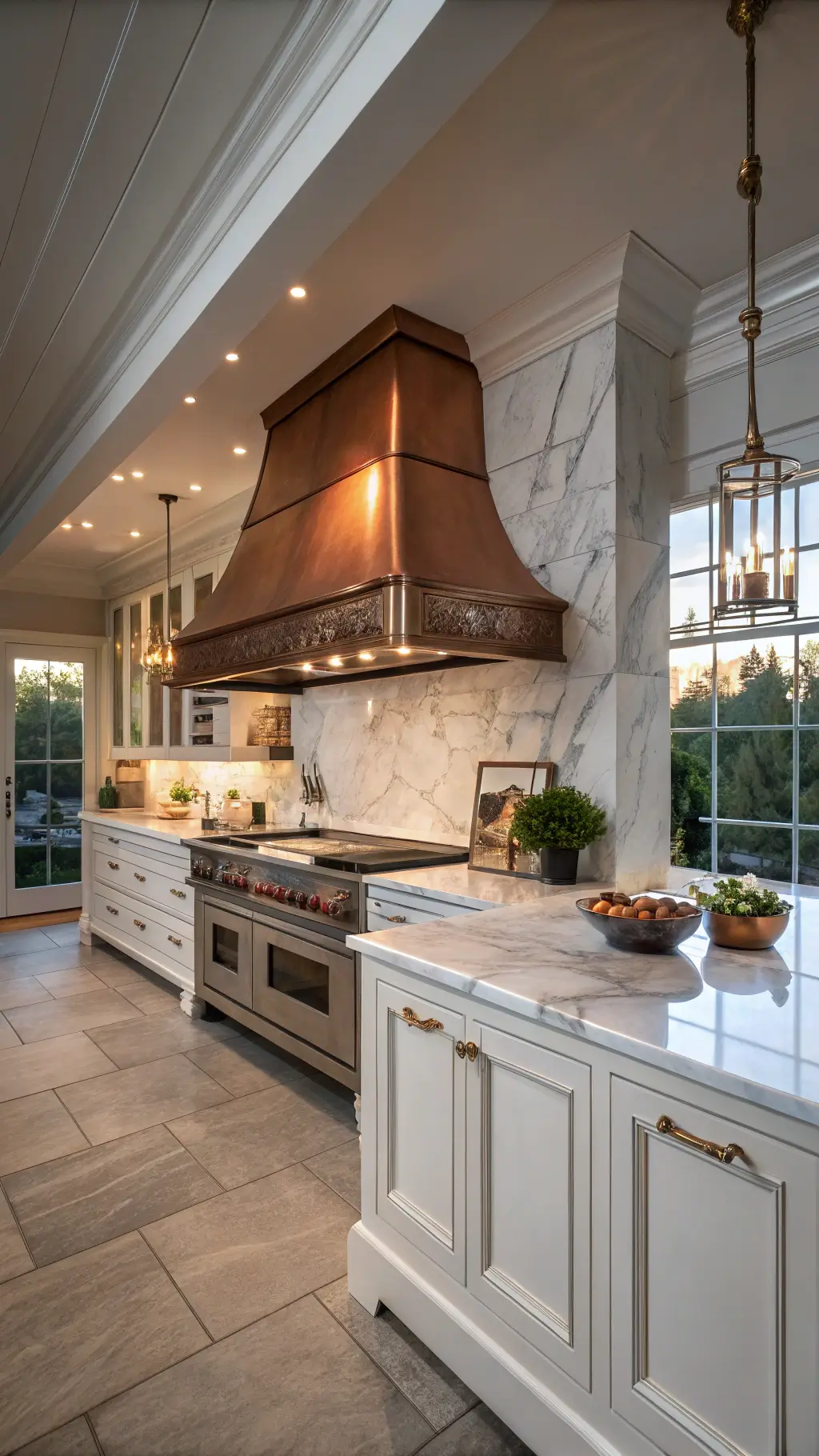 Early morning light illuminating a luxurious, professional-grade kitchen with Wolf range and copper hood, custom storage solutions, commercial appliances, and marble backsplash extending to the ceiling, shot from the chef's perspective behind the island.